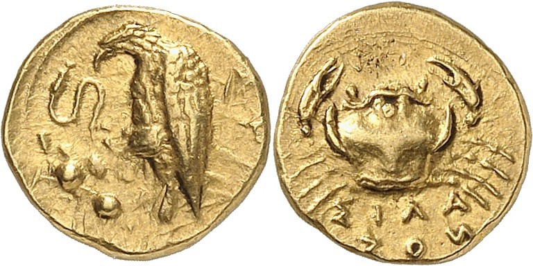 GRÈCE. Sicile, Agrigente (410-406 av. JC). 2 litrae ou diobole en or. Av. Aigle ...