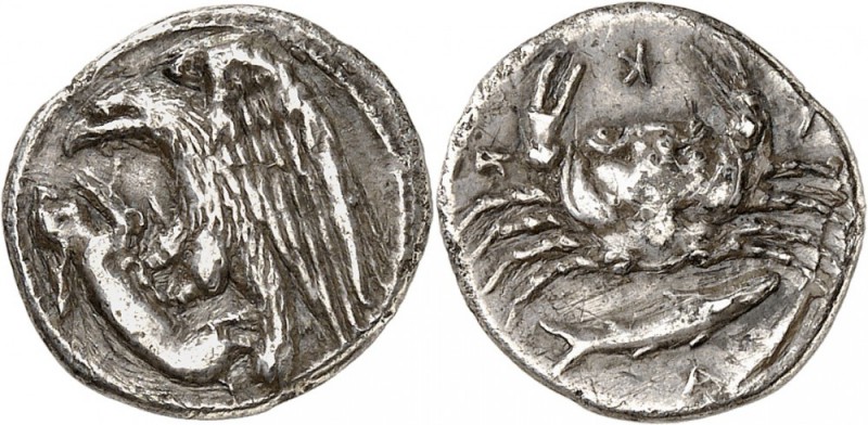 GRÈCE. Sicile, Agrigente (410-406 av. J.C). Hemidrachme. Av. Aigle à gauche tena...
