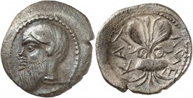 GRÈCE. Sicile, Catane (450-430 av. J.C). Litrae. Av. Tête de Silenus à gauche. Rv. Foudre ailé. SNG ANS 1269, Jameson 536. 0,79 grs. Rare, légèrement ...