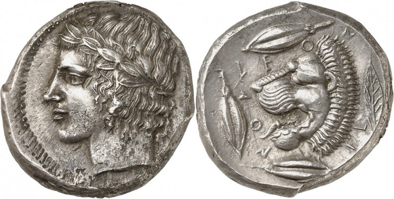 GRÈCE. Sicile, Leontini (430-425 av. J.C). Tétradrachme. Av. Tête laurée d'Apoll...