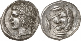 GRÈCE. Sicile, Leontini (430-425 av. J.C). Tétradrachme. Av. Tête laurée d'Apollon à gauche. Rv. Tête de lion à gauche, la gueule ouverte, au pourtour...