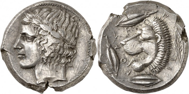 GRÈCE. Sicile, Leontini (430-425 av. J.C). Tétradrachme. Av. Tête laurée d'Apoll...