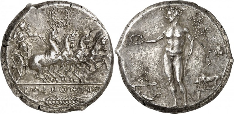 GRÈCE. Sicile, Sélinonte (455-409 av. J.C). Tétradrachme. Av. Quadrige à droite....