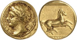GRÈCE. Sicile, Syracuse (425-335 av. J.C). Décadrachme de 50 litrae d'or. Av. Tête juvénile à gauche. Rv. Cheval à droite. SNG ANS 341. 2,87 grs. Coin...
