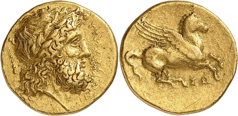 GRÈCE. Sicile, Syracuse (345-317 av. J.C). 30 litrae d'or. Av. Tête laurée de Ze...