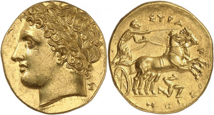 GRÈCE. Sicile, Syracuse (288-279 av. J.C). Décadrachme de 60 litrae d'or. Av. Tê...