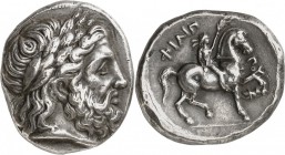 GRÈCE. Royaume de Macédoine, Philippe II (359-336 av. J.C). Tétradrachme, Pella. Av. Tête de Zeus à droite. Rv. Cavalier au pas à droite, tenant une p...