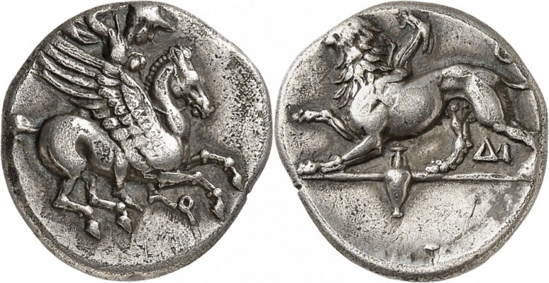 GRÈCE. Corinthe (375-350 av. J.C). Trihémidrachme. Av. Bellérophon volant sur Pé...