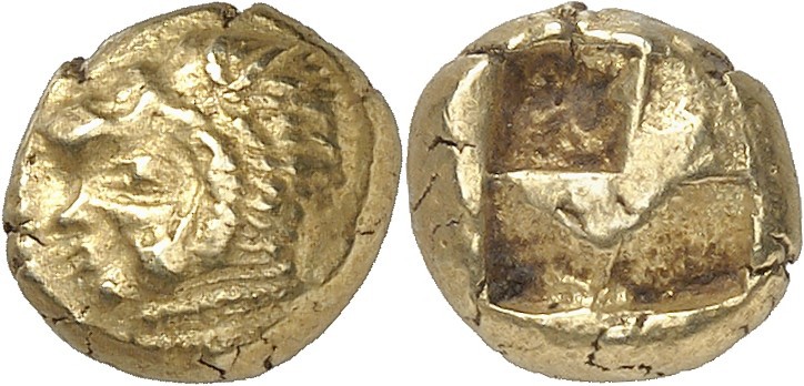 GRÈCE. Ionie, Erythrée. (550-500 av. J.C). Hecté d'électrum. Av. Tête d’Héraclès...