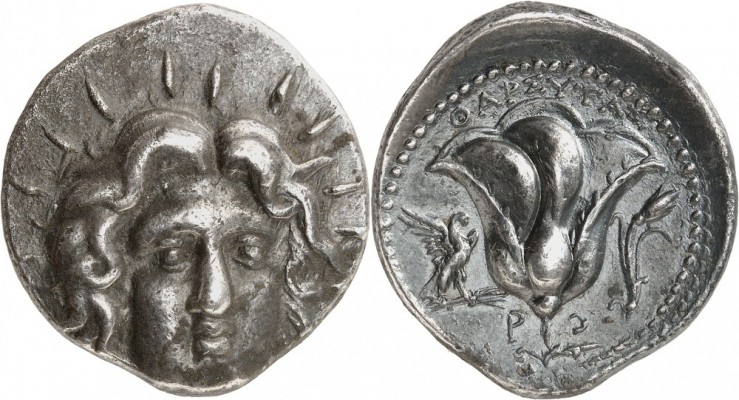 GRÈCE. Carie, Rhodes (205-190 av. J.C). Tétradrachme. Av. Tête radiée d’Hélios d...