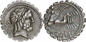 RÉPUBLIQUE ROMAINE. Q. Antonius Balbus (83-82 av. J.C). Denier serratus. Av. Tête de Jupiter à droite. Rv. Victoire conduisant un quadrige à droite. S...
