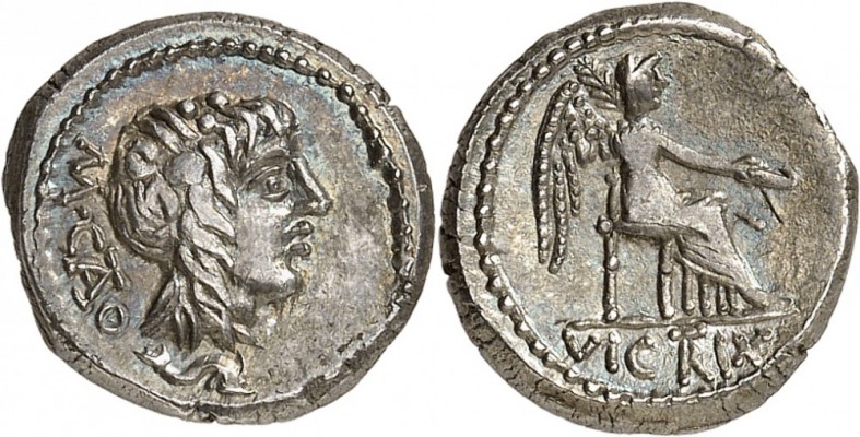 RÉPUBLIQUE ROMAINE. M. Porcius Cato (89 av. J.C). Quinaire, Rome. Av. Tête de Li...