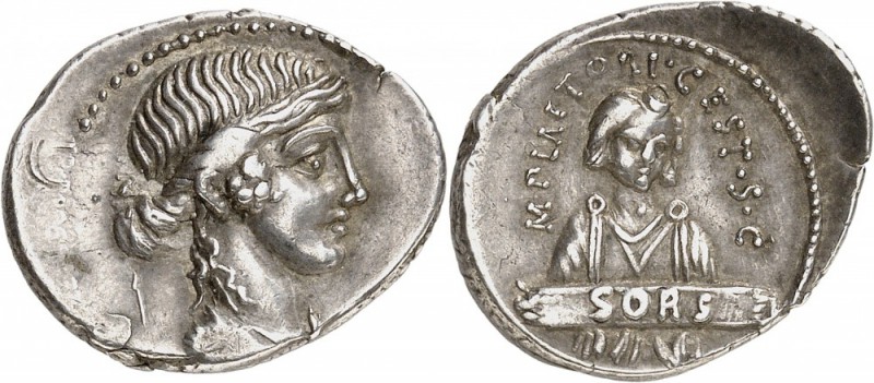 RÉPUBLIQUE ROMAINE. Plaetorius Cestianus (69 av. J.C). Denier, Rome. Av. Buste d...