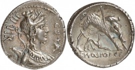 RÉPUBLIQUE ROMAINE. C. Hosidius C.f. Geta (68 av. J.C). Denier, Rome. Av. Buste diadémé de Diane à droite. Rv. Sanglier de Calydon à droite. Crawford ...