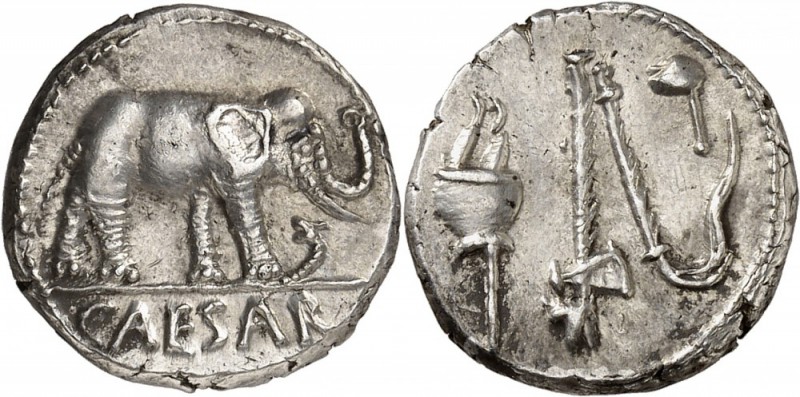 RÉPUBLIQUE ROMAINE. Jules César (60-44 av. J.C). Denier. Av. Éléphant à droite p...