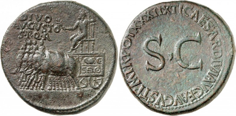 EMPIRE ROMAIN. Tibère (14-37). Sesterce 14, Rome, frappé au nom de « Divus Augus...