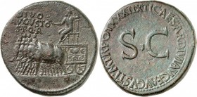 EMPIRE ROMAIN. Tibère (14-37). Sesterce 14, Rome, frappé au nom de « Divus Augustus ». Av. Auguste divinisé conduisant un quadrige d’éléphants. Rv. Lé...