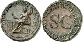 EMPIRE ROMAIN. Tibère (14-37). Sesterce 22-23, Rome, frappé au nom de « Divus Augustus ». Av. Auguste divinisé assis à gauche. Rv. Légende circulaire,...