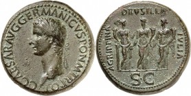 EMPIRE ROMAIN. Caligula (37-41). Sesterce, 37, Rome. Av. Buste lauré à gauche. Rv. Les trois sœurs de Caligula debout, Agrippine, Drusillia et Julia. ...