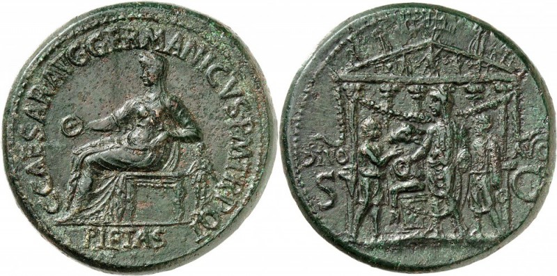 EMPIRE ROMAIN. Caligula (37-41). Sesterce 39-40, Rome. Av. La Piété assise à gau...