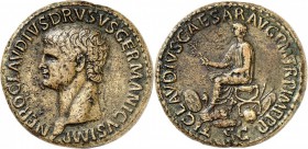 EMPIRE ROMAIN. Claude (41-54). Sesterce au nom de son père Nero Claudius Drusus 50-54. Av. Buste nu à gauche. Rv. Nero Drusus, vêtu d’une toge, assis ...