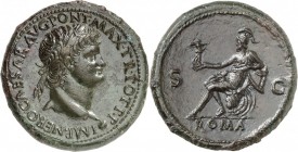 EMPIRE ROMAIN. Néron (54-68). Sesterce 54-55, Rome. Av. Buste lauré à droite. Rv. Rome assise à gauche. RIC. 273, C. 261. 26,50 grs. Légèrement retouc...