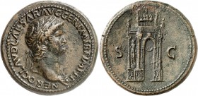 EMPIRE ROMAIN. Néron (54-68). Sesterce 64, Rome. Av. Buste lauré à droite. Rv. Arc de triomphe. RIC. 143, C. 307. 27,57 grs. TTB à Superbe