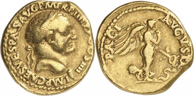 EMPIRE ROMAIN. Vespasien (69-79). Aureus 72-73, Lyon. Av. Buste lauré à droite. ...