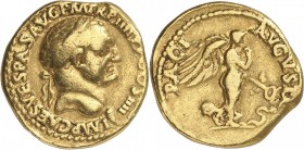 EMPIRE ROMAIN. Vespasien (69-79). Aureus 72-73, Lyon. Av. Buste lauré à droite. Rv. Némésis debout à droite, à ses pieds un serpent. Cal. 656. 7,17 gr...