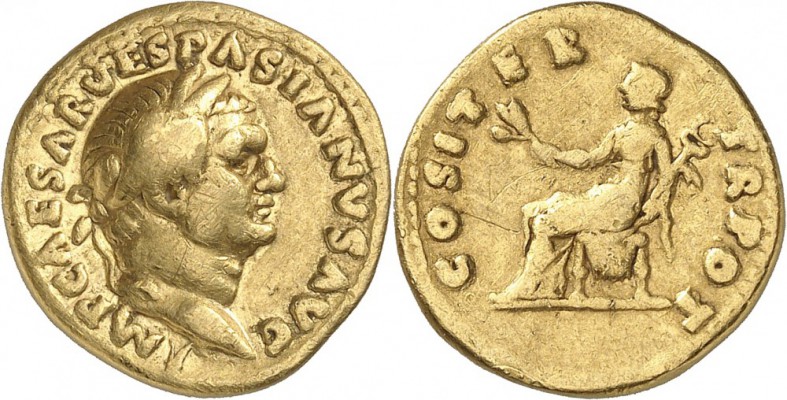 EMPIRE ROMAIN. Vespasien (69-79). Aureus 70, Rome. Av. Buste lauré à droite. Rv....