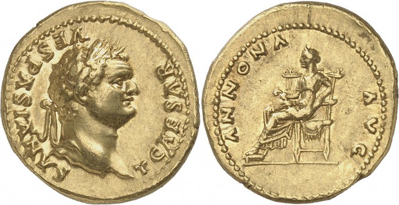 EMPIRE ROMAIN. Titus (69-79). Aureus 77-78, Rome. Av. Buste lauré à droite. Rv. ...