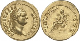 EMPIRE ROMAIN. Titus (69-79). Aureus 77-78, Rome. Av. Buste lauré à droite. Rv. Annona assise à gauche. Cal. 726. 7,35 grs. Superbe