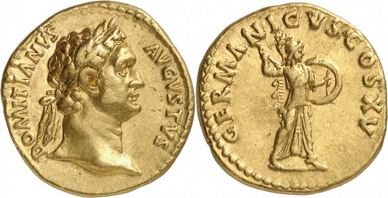 EMPIRE ROMAIN. Domitien (81-96). Aureus 90-91, Rome. Av. Buste lauré à droite. R...