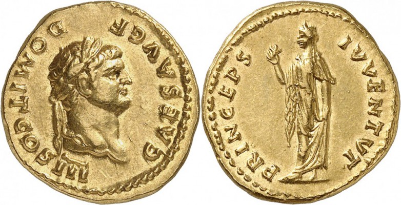 EMPIRE ROMAIN. Domitien (81-96). Aureus 75, Rome, frappé sous Vespasien. Av. Bus...