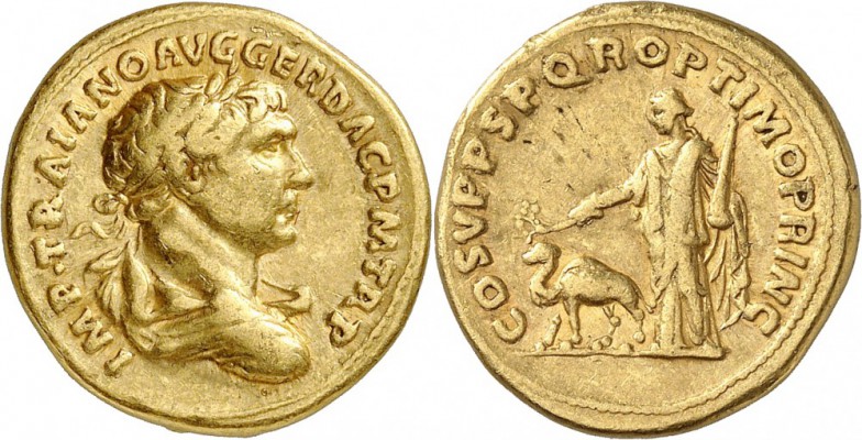 EMPIRE ROMAIN. Trajan (98-117). Aureus 103-111, Rome. Av. Buste drapé et lauré à...