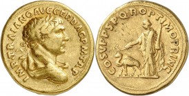 EMPIRE ROMAIN. Trajan (98-117). Aureus 103-111, Rome. Av. Buste drapé et lauré à droite. Rv. L’Arabie debout à gauche, tenant dans sa main droite une ...