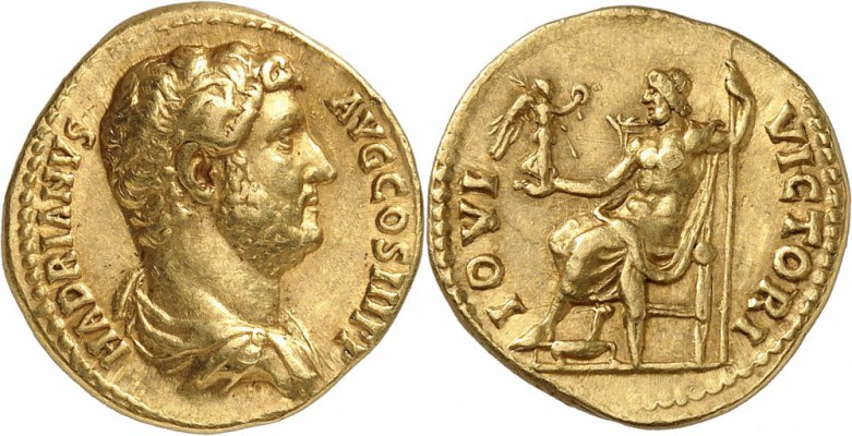EMPIRE ROMAIN. Hadrien (117-138). Aureus 134-138, Rome. Av. Buste drapé à droite...