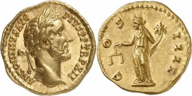 EMPIRE ROMAIN. Antonin le Pieux (138-161). Aureus 148-149, Rome. Av. Buste lauré à droite. Rv. L’Equité debout à gauche. Cal. 1503. 7,27 grs. Haut rel...