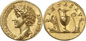 EMPIRE ROMAIN. Marc Aurèle (161-180). Aureus 140-144, Rome. Av. Buste drapé à gauche. Rv. Couteau de sacrifice, aspersoir, vase capis, lituus et simpu...