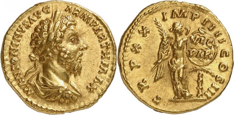 EMPIRE ROMAIN. Marc Aurèle (161-180). Aureus 166, Rome. Av. Buste drapé et lauré...