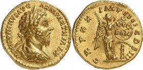 EMPIRE ROMAIN. Marc Aurèle (161-180). Aureus 166, Rome. Av. Buste drapé et lauré à droite. Rv. Victoire ailée tenant une palme dans sa main droite. Ca...