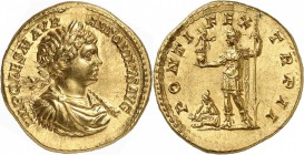 EMPIRE ROMAIN. Caracalla (198-217). Aureus 199, Rome. Av. Buste lauré, drapé et cuirassé à droite. Rv. Caracalla en habit militaire, tenant la Victoir...