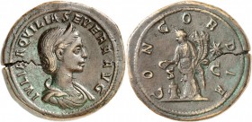 EMPIRE ROMAIN. Aquilia Severa, femme d'Élagabal (220-221). Sesterce 220-221, Rome. Av. Buste drapé à droite. Rv. La Concorde debout à gauche. RIC. 390...