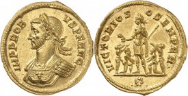 EMPIRE ROMAIN. Probus (276-282). Aureus 281-282, Rome, 6ème émission. Av. Buste habillé et lauré à gauche. Rv. Probus en habit militaire debout et ten...