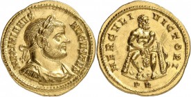 EMPIRE ROMAIN. Maximien Hercule (285-310). Aureus 293-294, Rome. Av. Buste lauré à droite. Rv. Hercule assis de face, sur ses jambes une peau de lion....