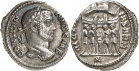 EMPIRE ROMAIN. Constance Chlore (293-305). Argenteus, Rome. Av. Buste lauré à droite. Rv. Les tétrarques, en costume militaire, debout devant une ence...