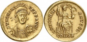 EMPIRE ROMAIN. Honorius (393-423). Solidus, Constantinople. Av. Buste cuirassé de face, dans sa main droite une lance, dans sa main gauche un bouclier...
