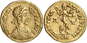 EMPIRE ROMAIN. Honorius (393-423). Tremissis, Ravenne. Av. Buste diadémé, drapé et cuirassé à droite. Rv. Honorius debout à droite. RIC 1289. 1,39 grs...