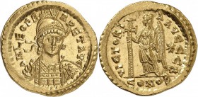 EMPIRE ROMAIN. Léon Ier (457-474). Solidus, Constantinople. Av. Buste diadémé et cuirassé de trois quarts. Rv. Victoire debout de face, regardant à ga...
