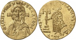 EMPIRE BYZANTIN. Justinien II (685-695). Solidus 692-695. Av. Buste du Christ de face. Rv. Justinien II couronné, debout tenant dans sa main droite un...